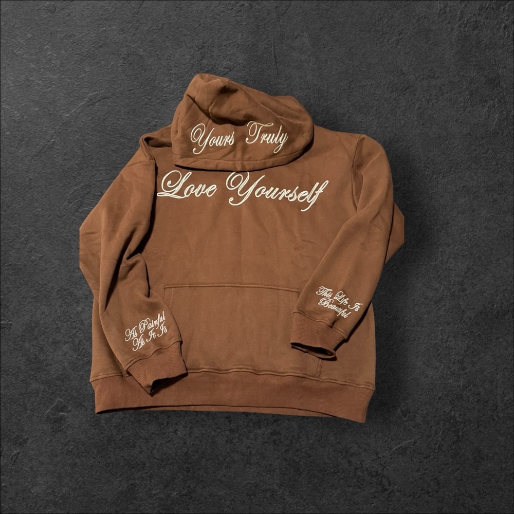 Yours Truly Phora “Love Yourself” Brown hoodie size medium